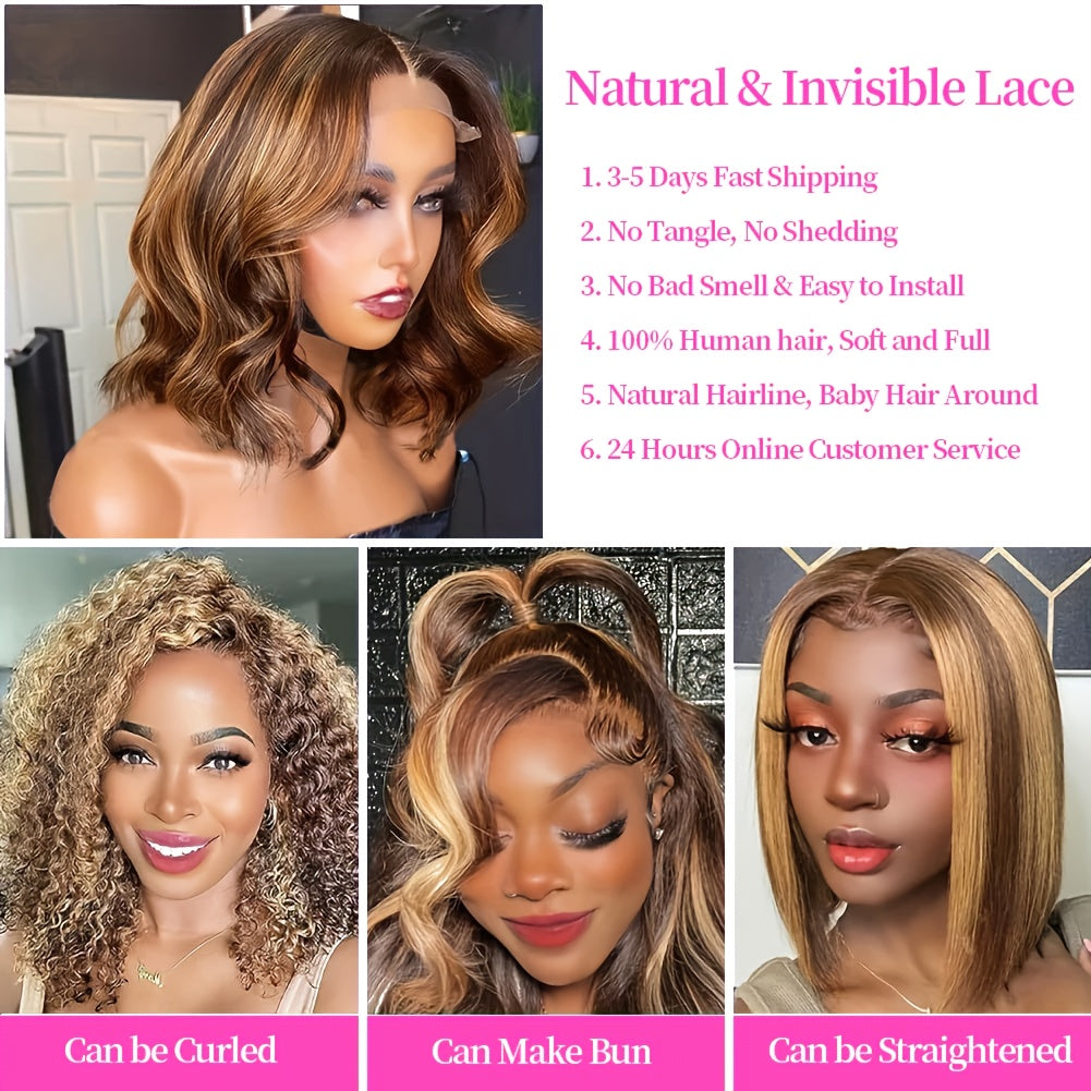 Honey Blonde Ombre Body Wave Lace Front Wig - 13x4 HD Human Hair Bob Wig For Women, Pre-Plucked Brazilian Human Hair With Baby Hair, Highlighted Gradient Color Transition, Loose Waves Hair Wig Perfect For Beginners